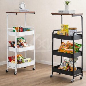CARRITO ORGANIZADOR 4 NIVELES METÁLICO CON MESA DE MADERA  📚🪴🕰️